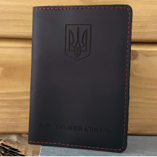 Шкіряна обкладинка для військового квитка з тризубом класична чорна з червоним