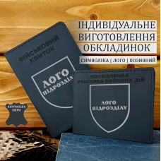 Набір обкладинок з натуральної шкіри для Військового квитка та УБД з шевроном підрозділу чорна